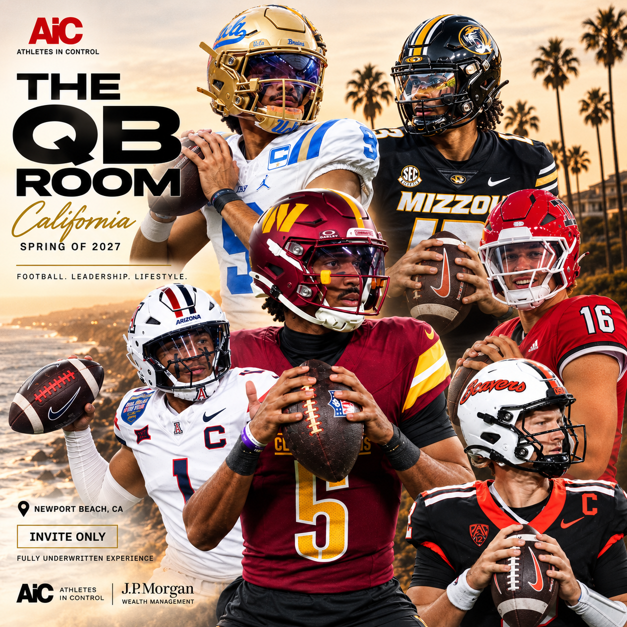 The QB Room California — Spring of 2027. Newport Beach, CA. Invite only, fully underwritten experience. AiC Athletes In Control and J.P. Morgan Wealth Management.